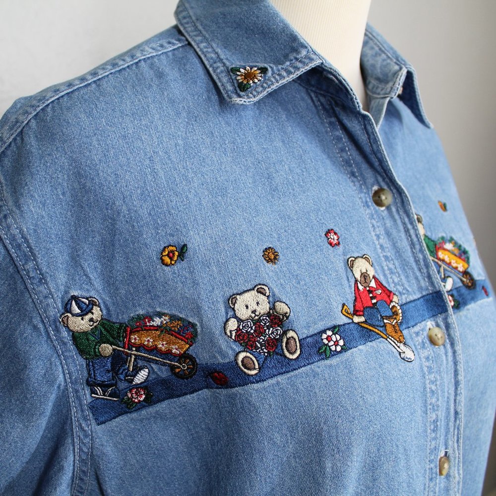 Bobbie Brooks - Women Vintage embroidered short sleeve Denim Shirt - Size S